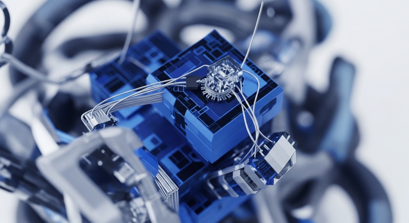Intricate blue cubic blocks, interconnected by a web of fine wires and advanced micro-components, form a complex, abstract digital mechanism. This detailed visualization evokes the foundational architecture of blockchain networks, where individual nodes and their interdependencies are crucial for secure, decentralized operations