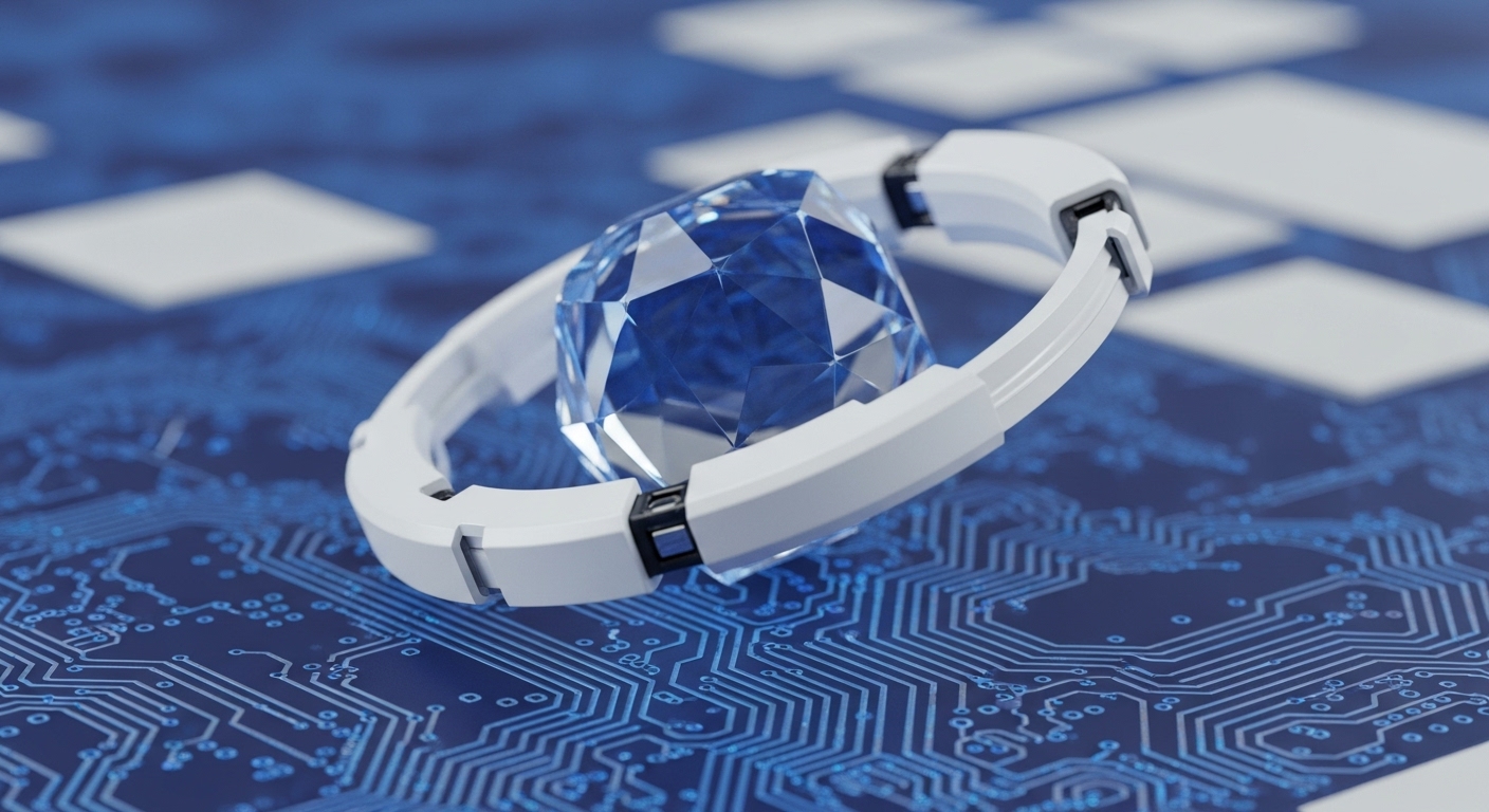 A brilliant blue crystal, exhibiting sharp facets, is held within a modern white segmented enclosure. The backdrop is a detailed blue circuit board, suggesting advanced technological integration
