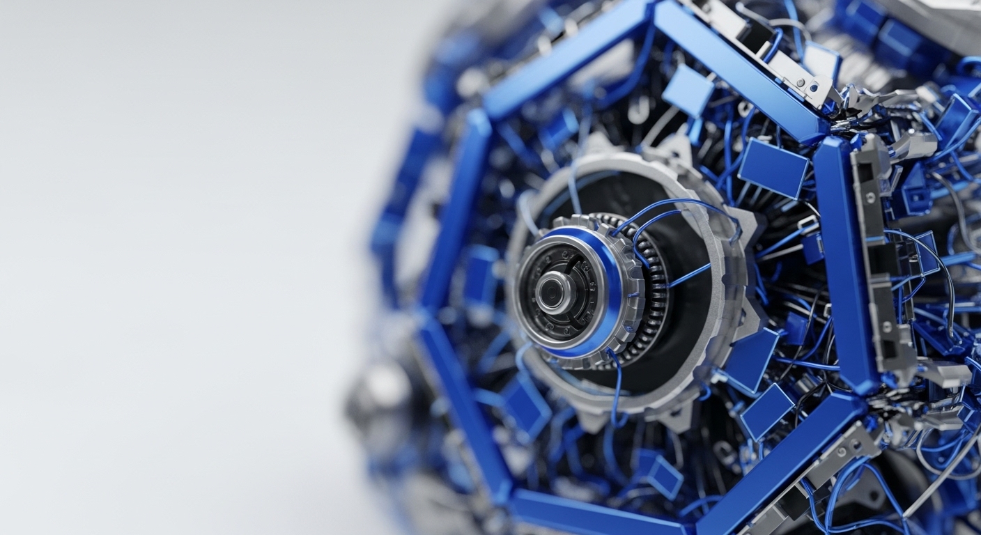 A detailed view of a complex, multi-faceted metallic object showcases a hexagonal blue framework surrounding an intricate network of silver and black components and fine wiring. At its core, a central metallic assembly with layered rings and a dark opening resembles a high-performance engine or data processing nexus