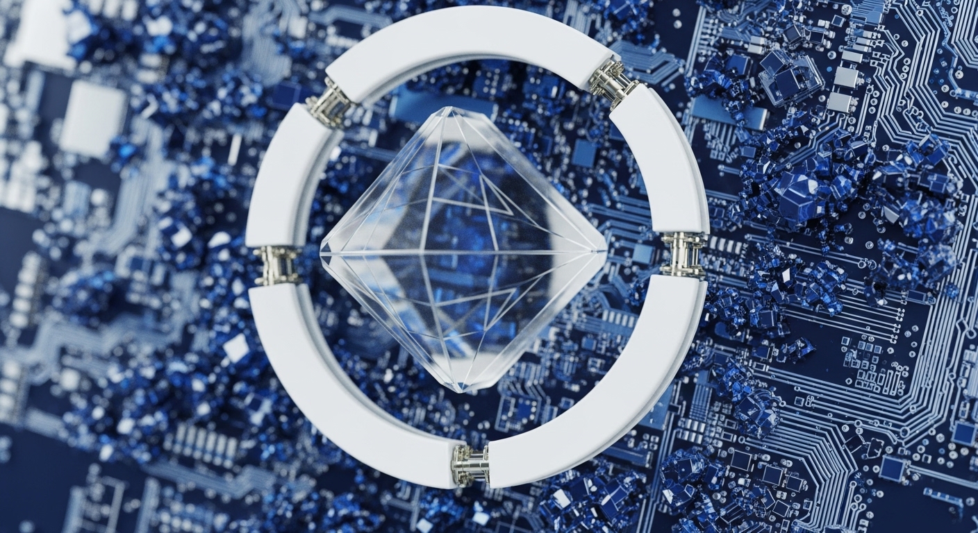 A clear, multi-faceted crystalline object, akin to a diamond, is centrally positioned within a broken white ring. This central element is set against a backdrop of an intricate blue printed circuit board densely populated with crystalline structures and electronic components