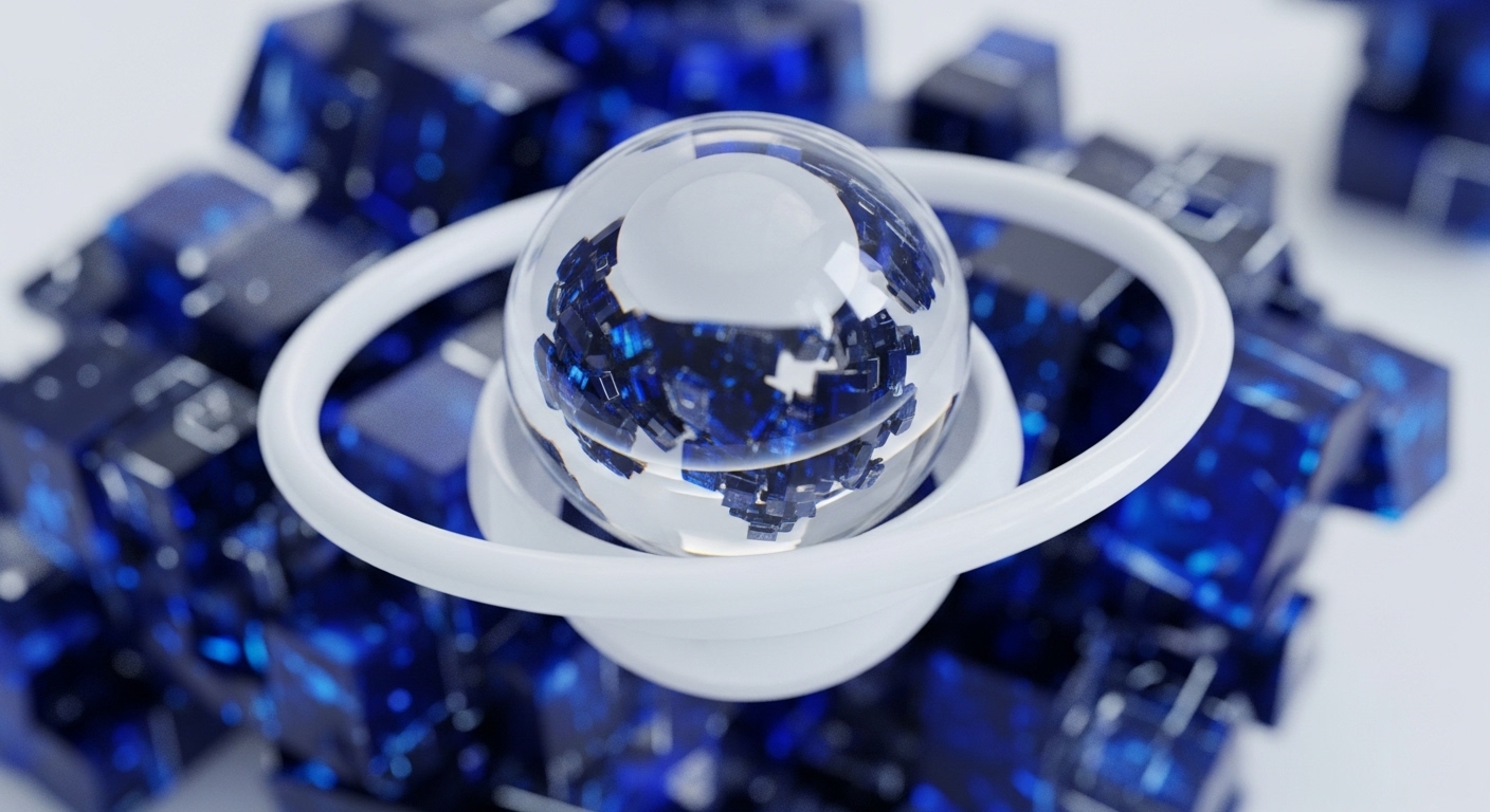 A clear sphere, filled with angular blue shards, floats within a smooth white ring. Behind and around it, sharp-edged blue cubes, some with internal light, form a fragmented, crystalline background