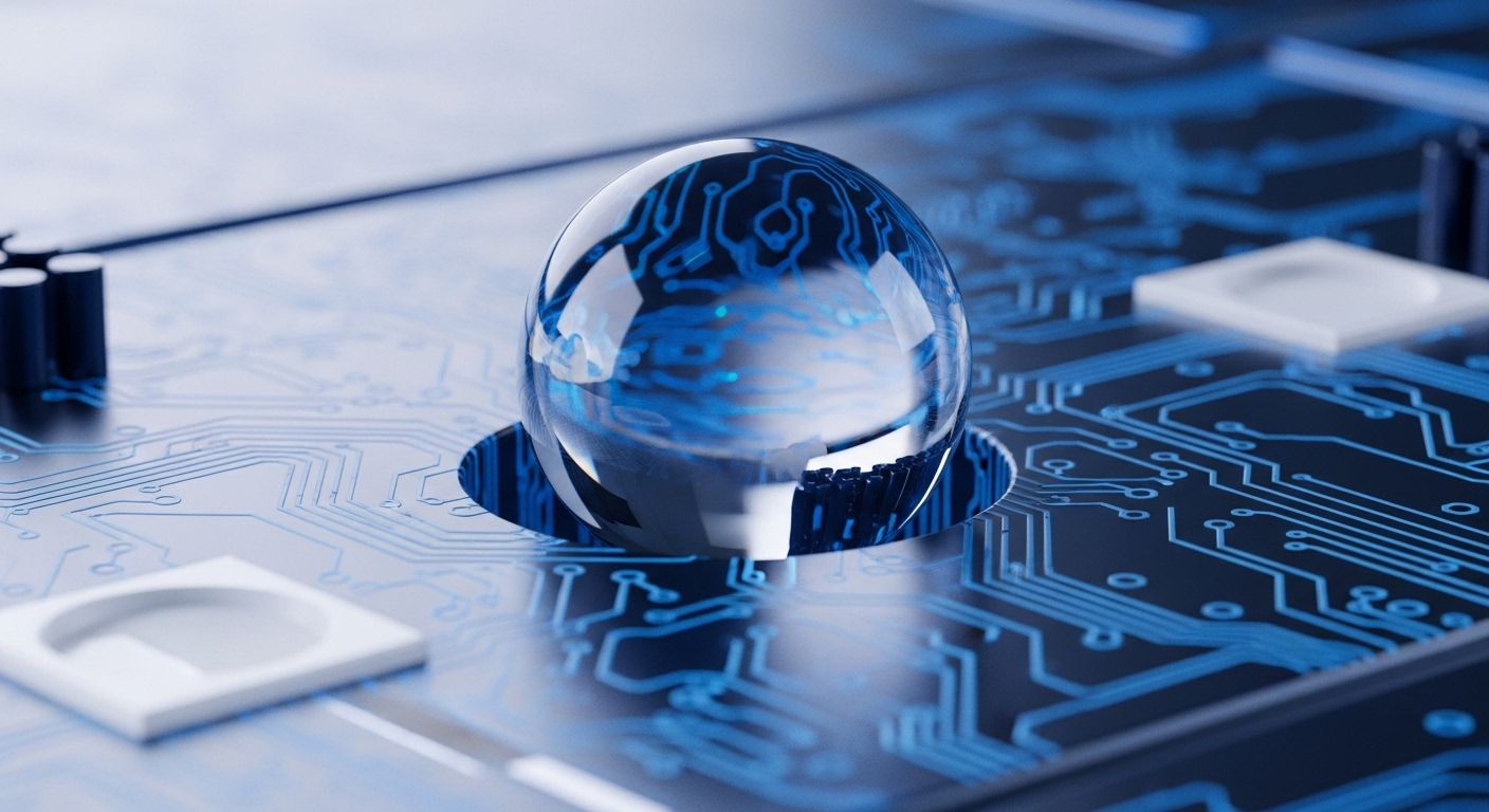 A clear glass sphere sits centrally on a complex blue circuit board, its surface mirroring the glowing digital traces of the board beneath. This imagery powerfully represents the abstract nature of cryptocurrency and blockchain technology