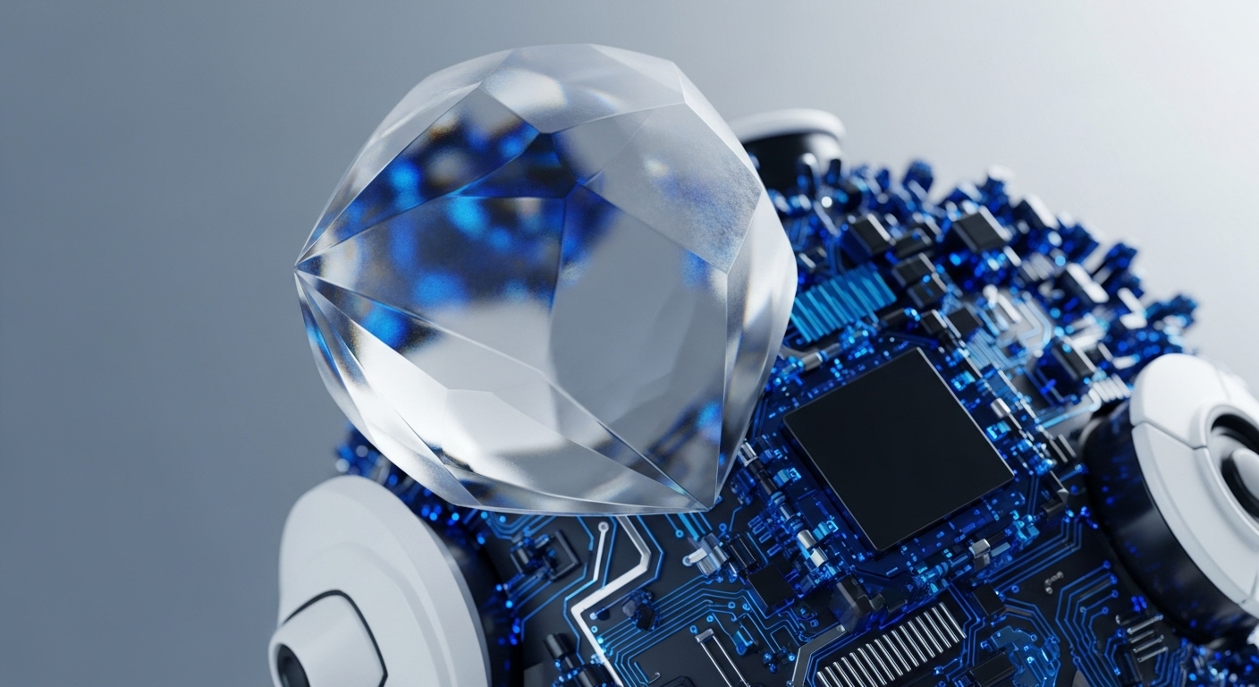 A multifaceted diamond, with its brilliant facets catching light, is positioned above a vibrant blue printed circuit board. The board displays intricate pathways, microchips, and other electronic components, suggesting advanced technological integration