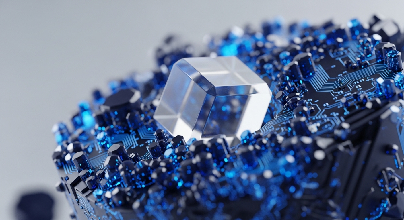 A transparent, faceted cube rests atop a complex, three-dimensional structure resembling a circuit board, adorned with numerous small, glowing blue components. This visual metaphor encapsulates the core principles of cryptocurrency and blockchain architecture, suggesting the genesis of digital assets within a secure, interconnected ecosystem