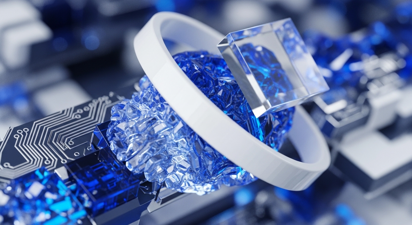 A white ring frames a vibrant cluster of blue crystalline structures, suggesting fragmented data or energy. A transparent cube is positioned above, alluding to complex processing or encryption