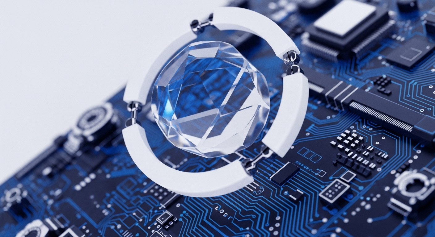 A luminous, diamond-like crystal is centrally positioned within a clean, white circular frame, which is itself suspended over a detailed, dark blue printed circuit board. The crystal's facets refract light, suggesting brilliance and inherent value, akin to a secure digital asset