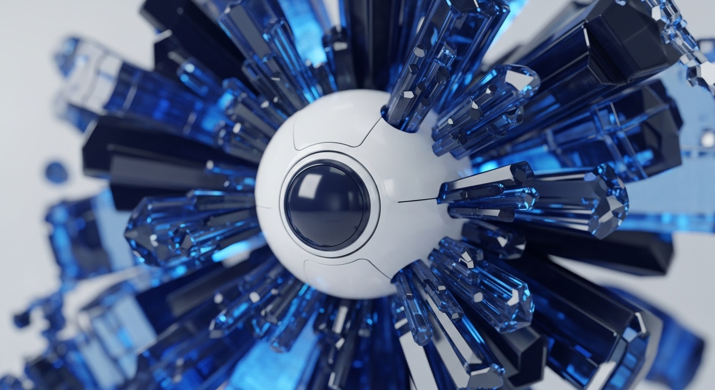 A luminous white sphere, reminiscent of a central processing hub or digital eye, is surrounded by a dense array of sharp, angular blue and dark crystalline shards. These geometric formations radiate outwards, symbolizing the intricate and robust nature of decentralized networks and blockchain ecosystems