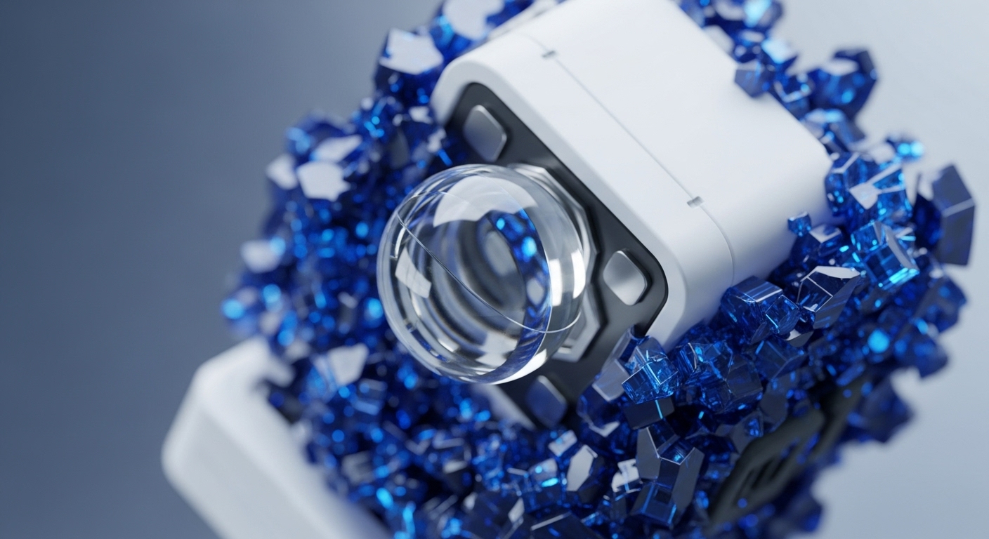 A close-up perspective showcases a sleek white technological component, featuring a clear, spherical lens, surrounded by a profusion of sharp, sapphire-blue crystalline formations. This visual metaphor illustrates the foundational stages of digital asset creation within the cryptocurrency ecosystem