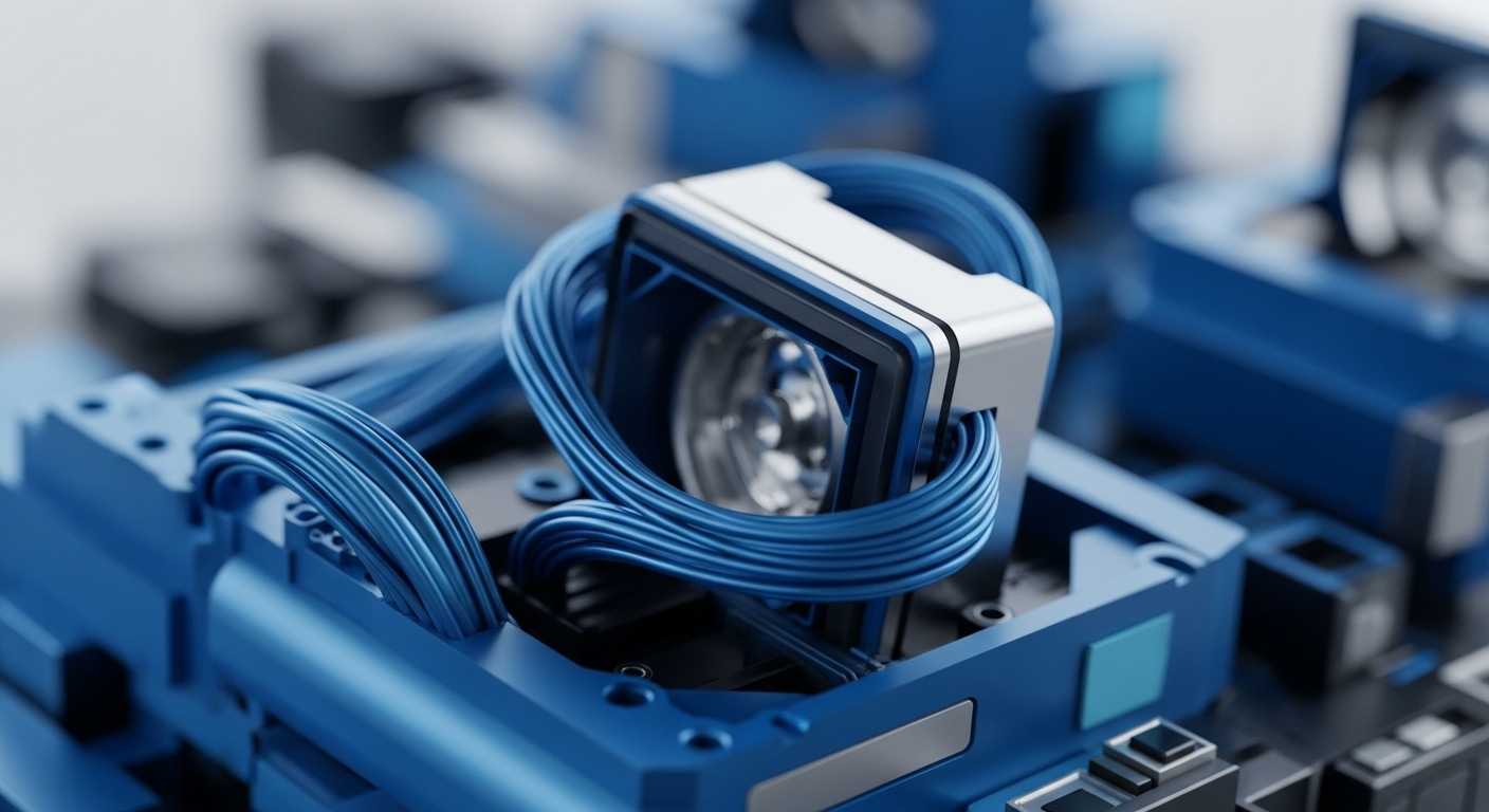 The image showcases a detailed close-up of multiple vibrant blue wires meticulously routed around a central, rectangular component featuring a metallic silver and black casing. A transparent circular element within the component reveals internal mechanical or optical structures, set against a blurred background of similar blue and dark hardware