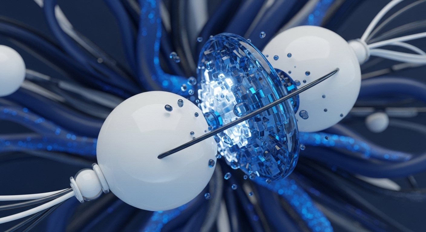 Smooth white spheres and a central luminous blue disc composed of glowing cubic elements are intertwined with dark blue tubular conduits. Scattered blue particles add a dynamic visual layer to this abstract composition