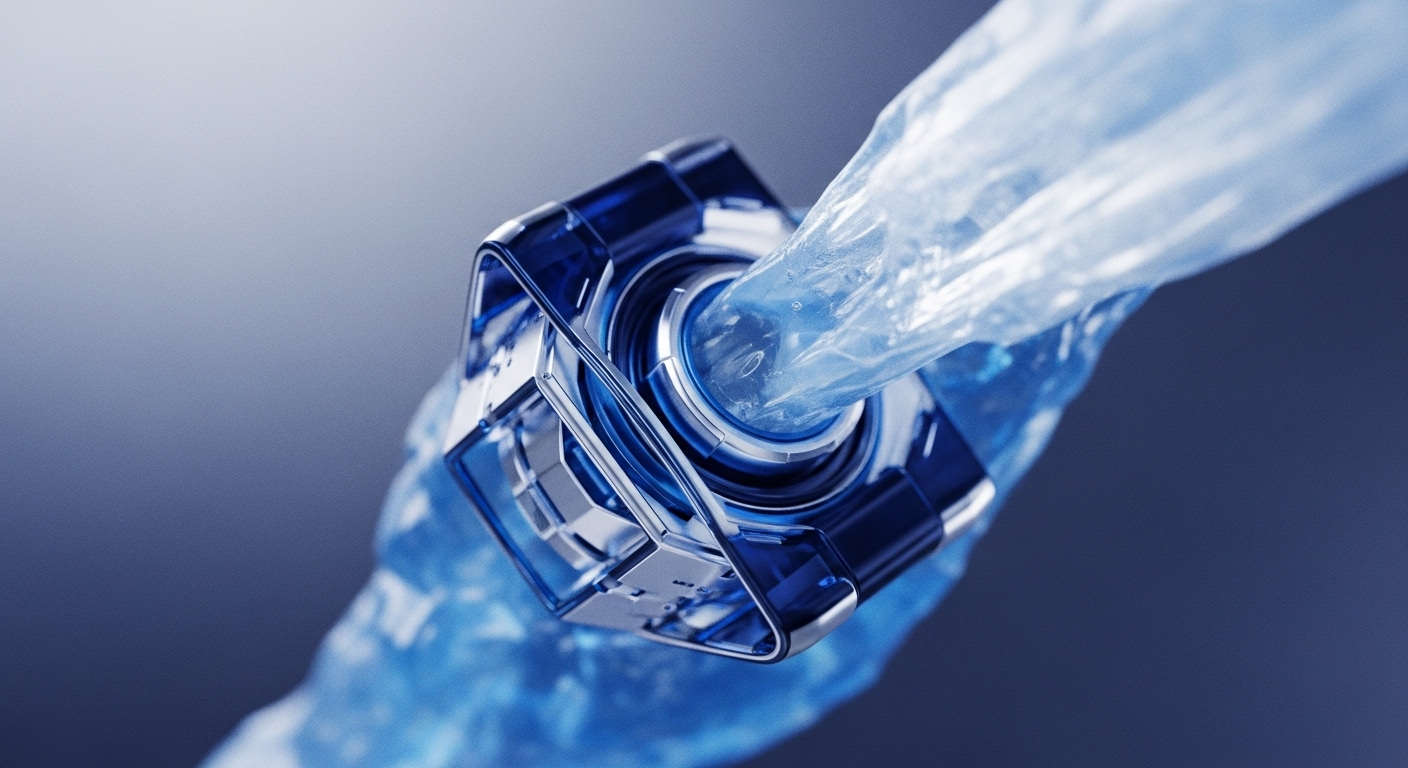 A futuristic, blue-hued mechanism channels a translucent, flowing stream of liquid-like data. The central component, encased in metallic and sapphire structures, appears to be actively processing this continuous flow