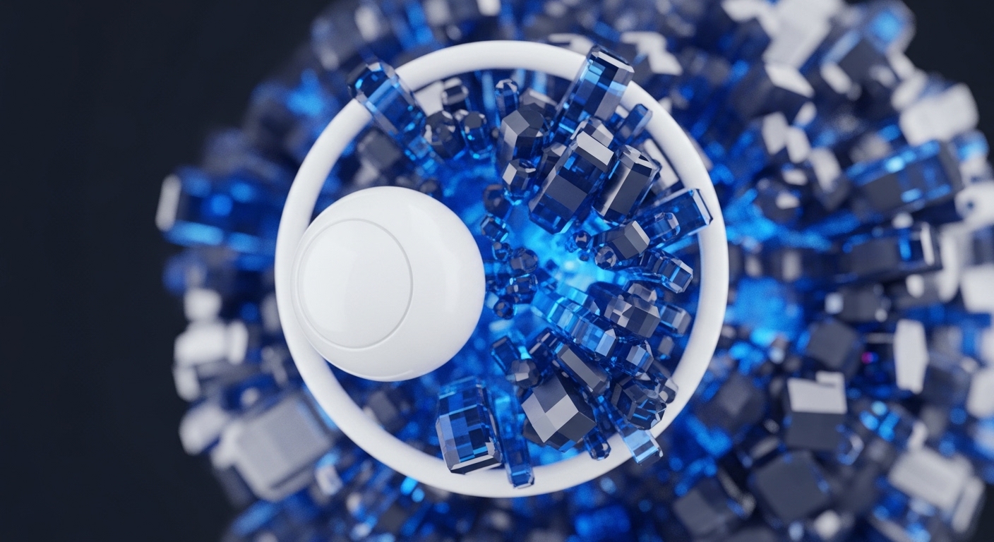 A central white sphere is encircled by a white ring, surrounded by a multitude of glowing blue crystalline geometric shapes. These transparent, multifaceted forms are densely packed, extending outwards to create a larger, dynamic spherical structure against a dark background