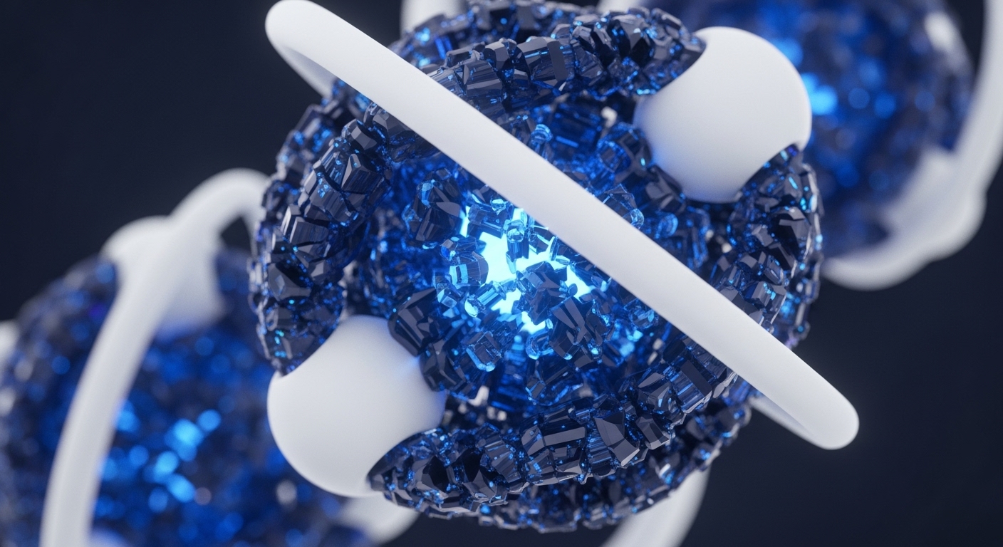 A close-up view presents a central spherical construct composed of countless dark blue, geometrically faceted crystals, intensely glowing with bright blue light from within. This luminous sphere is encircled and connected by smooth, matte white orbital rings and smaller white spherical nodes, with similar, out-of-focus structures receding into the dark background