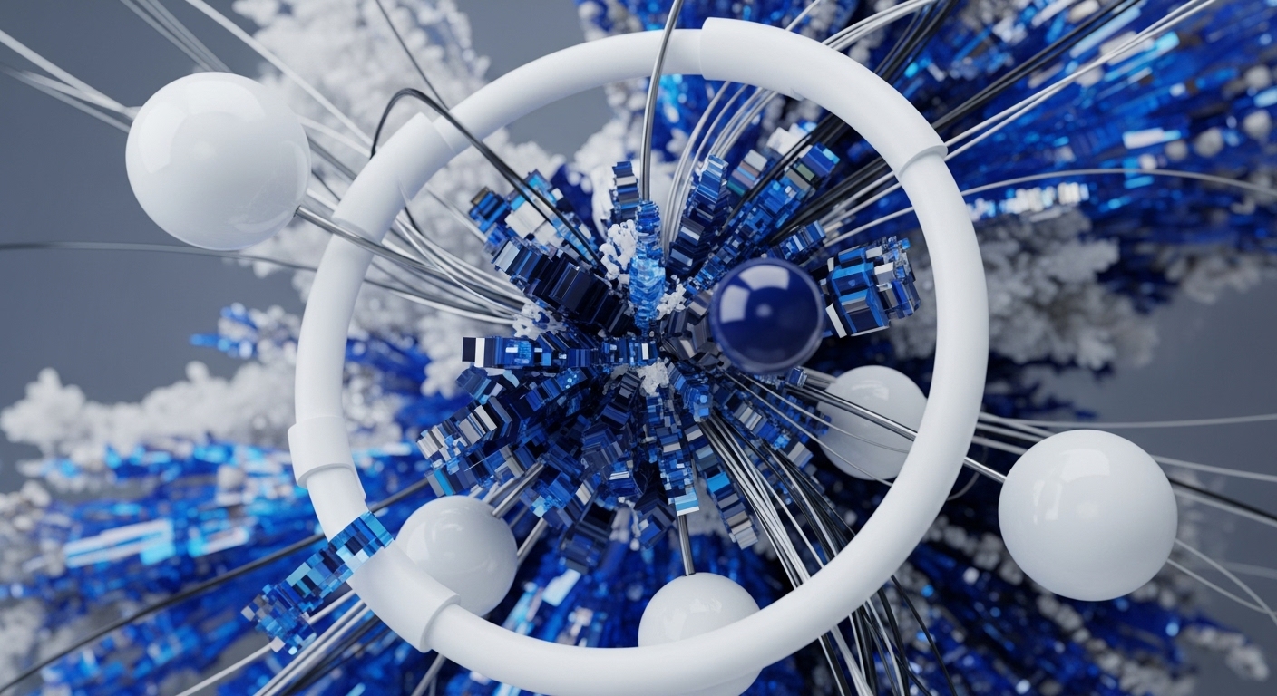 The image presents an abstract composition featuring a central cluster of numerous blue and white rectangular blocks, surrounded by a large white ring and several white spheres. Thin metallic wires extend from the central cluster, connecting to the ring and spheres, all set against a soft gray background with blurred similar structures
