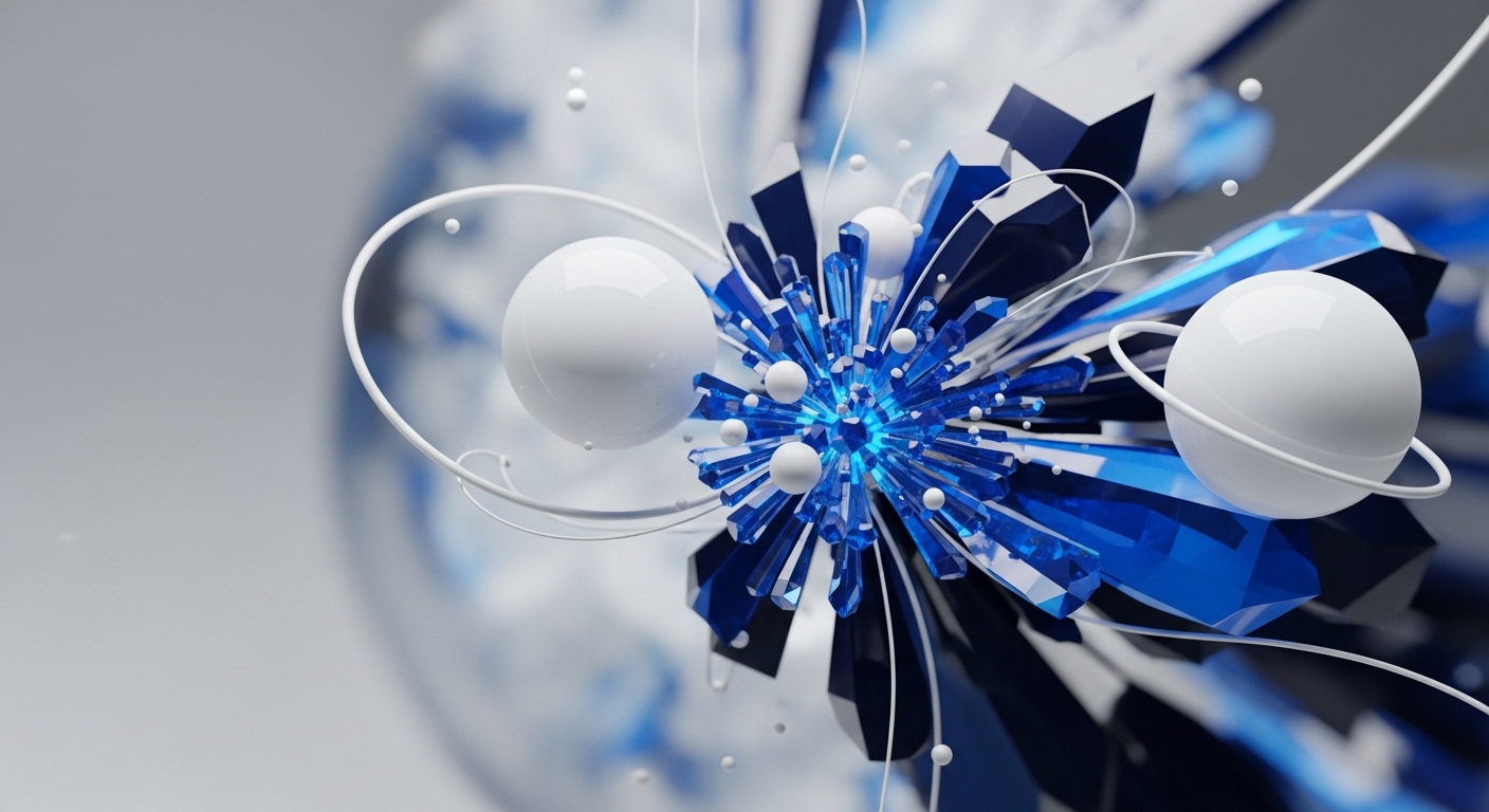 A dynamic abstract composition features a radiant central cluster of sharp blue and dark geometric forms, representing a robust consensus mechanism or sharding architecture. Surrounding this core are smooth white spheres, embodying network nodes or digital assets, some with orbital rings suggesting wrapped tokens or staking pools. Intricate white filaments trace complex data flows and interoperability protocols across the distributed network, emphasizing secure cross-chain communication and DeFi primitives within the blockchain architecture.