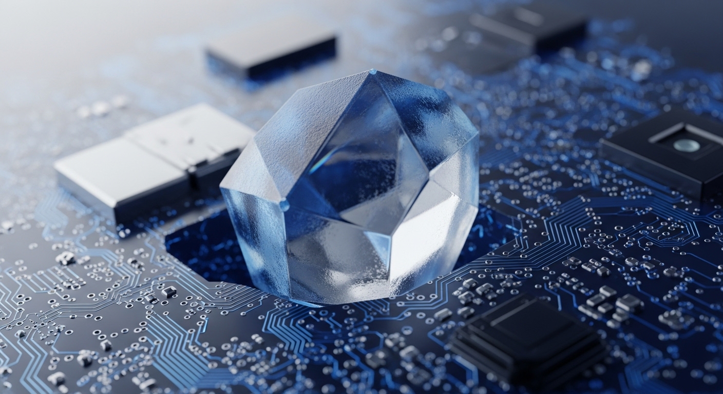 A luminous, faceted blue gemstone is positioned atop a detailed printed circuit board. The board displays intricate blue traces, several silver rectangular modules, and black square integrated circuits, suggesting a blend of physical elements and advanced technology
