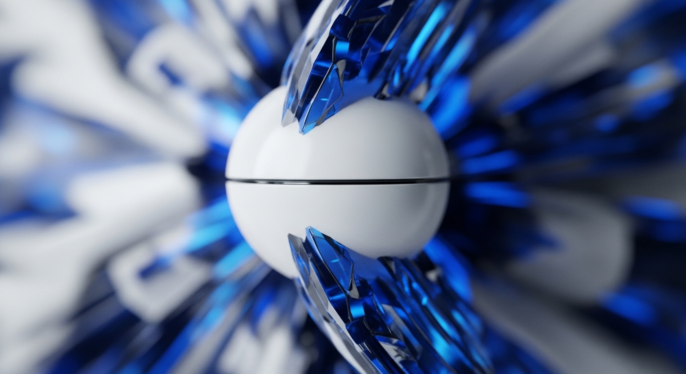 A central white sphere, sharply divided, is enveloped by a dynamic array of vibrant blue, angular crystalline formations. These formations fan out, creating a sense of energetic expansion and complex structure