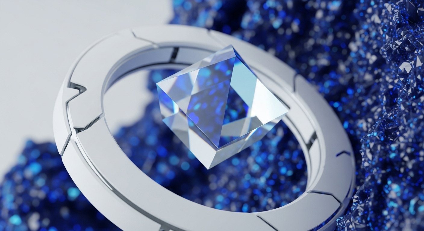 A clear, geometric crystal, refracting brilliant blue light, is centrally positioned within a futuristic, segmented metallic torus. Behind this focal point, a dense, glittering field of sharp blue crystalline structures suggests a vast, interconnected digital landscape