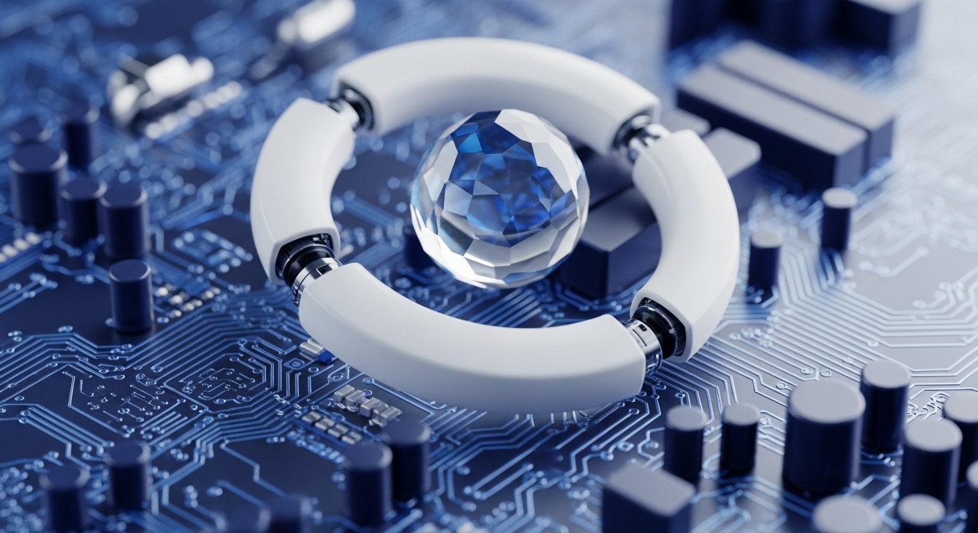 A luminous blue faceted crystal is held by a white robotic ring, set against a detailed blue circuit board. This visual metaphor signifies the secure containment of critical blockchain data, such as genesis blocks or private keys, within a robust technological framework