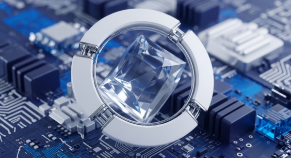 A brilliant cut diamond, symbolizing intrinsic value and immutability, is showcased within a circular metallic framework, set against a backdrop of intricate blue circuitry. This visual metaphor represents the convergence of tangible assets and decentralized ledger technology, highlighting the potential for tokenization of high-value goods on blockchain networks. The juxtaposition suggests secure digital representation of physical assets, underpinning concepts like Non-Fungible Tokens NFTs and distributed asset management, essential for the future of digital finance and asset provenance.