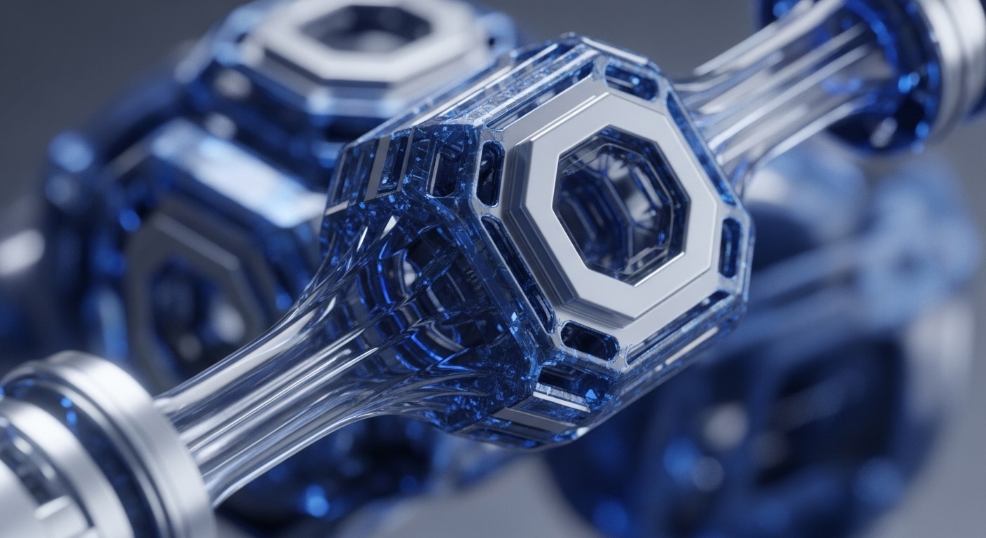 Close-up of intricate, interconnected hexagonal structures featuring translucent blue elements encased in metallic silver frames, linked by clear rods. The foreground shows sharp detail, with subsequent structures blurring into the background, creating depth