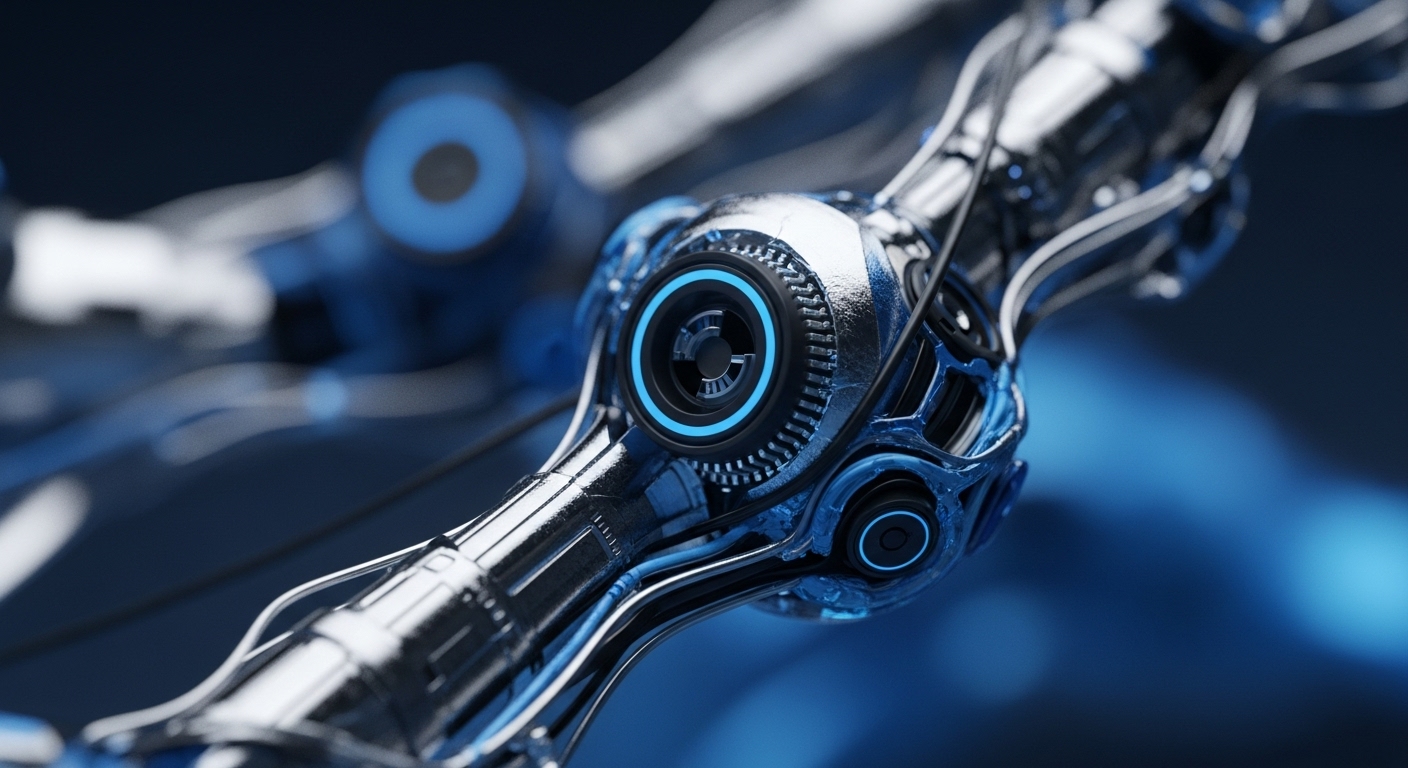 The image displays a detailed, close-up perspective of interconnected metallic components featuring glowing blue accents and visible wiring. These robust, futuristic mechanisms suggest a complex, operational technological system