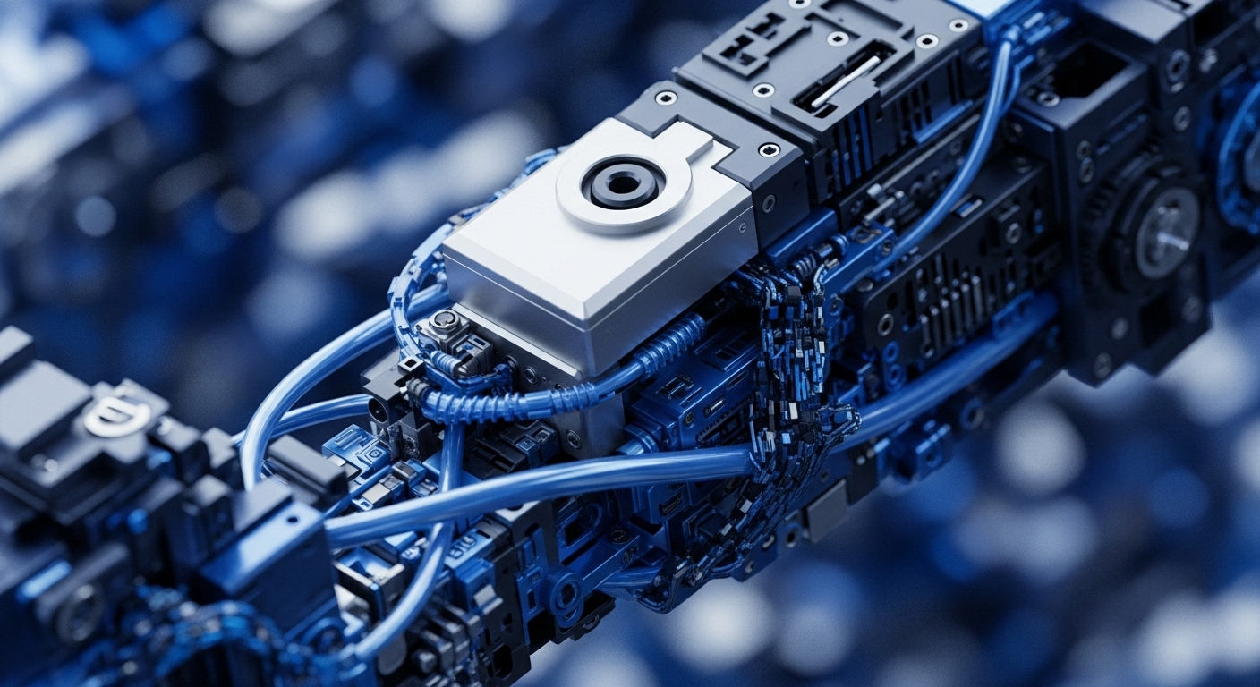 A detailed close-up reveals an intricate electronic and mechanical assembly, featuring a prominent silver module at its core, surrounded by a dense network of bright blue tubes and dark metallic components. The background is a soft, out-of-focus array of blue and black bokeh, highlighting the foreground's sharp technological detail