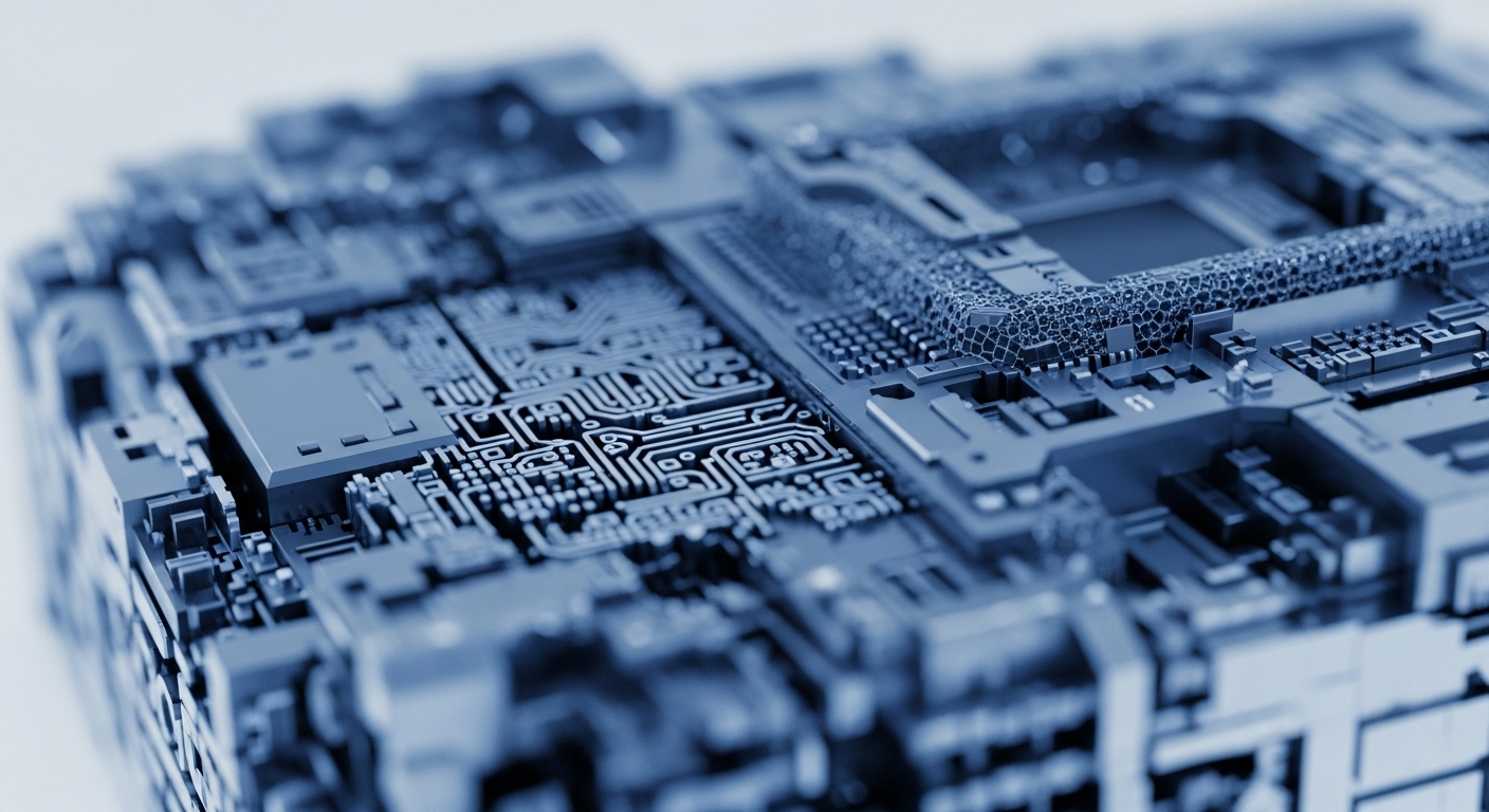 A detailed close-up of a blue-toned digital architecture, featuring intricate pathways, integrated circuits, and textured components. The image showcases complex interconnected elements and detailed structures, suggesting advanced processing capabilities and systemic organization