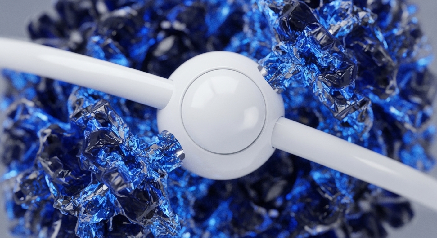 The image features a prominent white spherical object at its center, from which four white cylindrical rods extend outwards in a cross-like configuration. This central white structure is surrounded by a dense, irregular mass of highly reflective, crumpled blue material, appearing metallic and fragmented