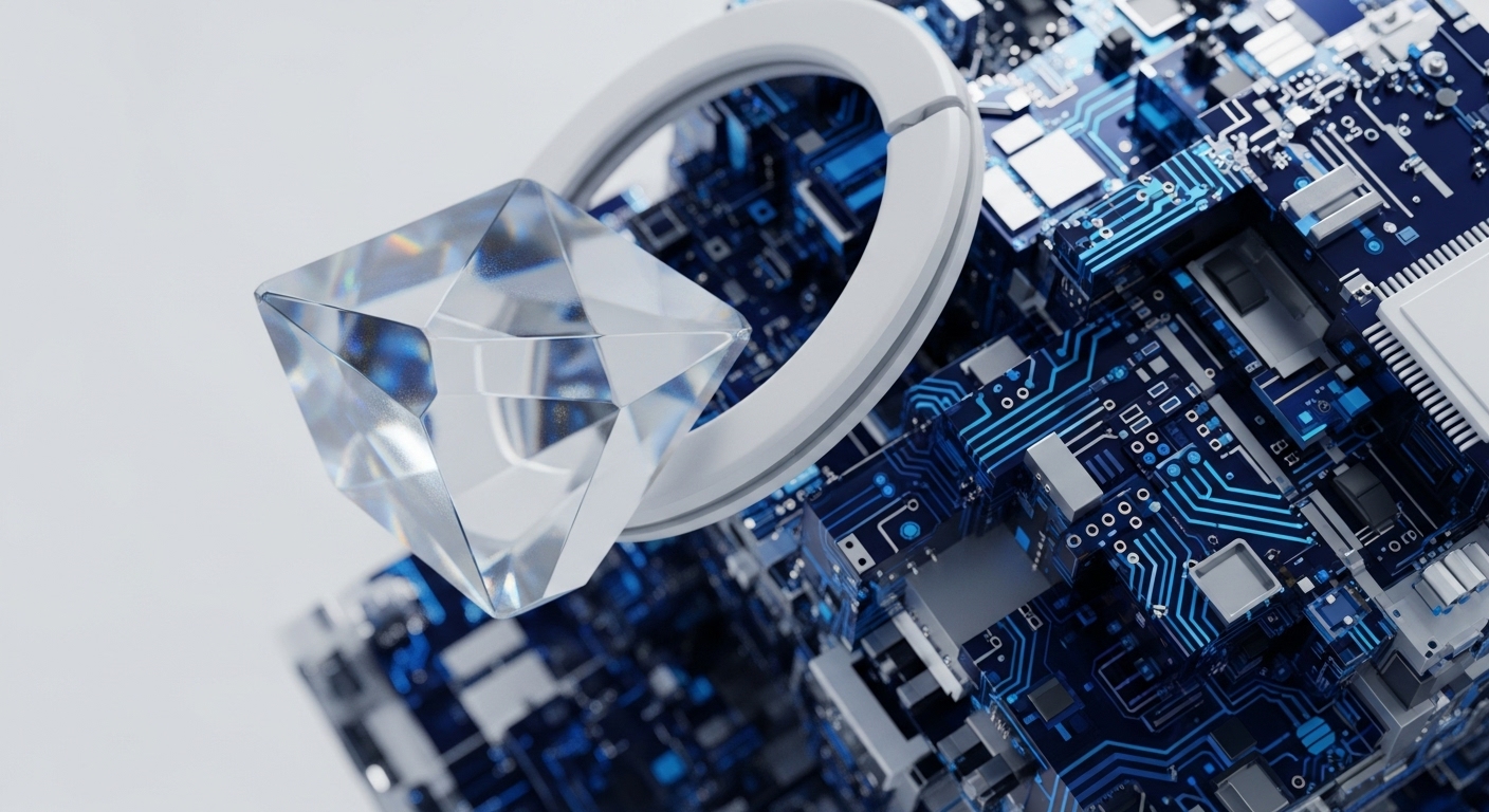 A luminous, multifaceted diamond is positioned atop intricate blue and silver circuitry, suggesting a fusion of physical value with digital innovation. This striking composition evokes the concept of tokenizing high-value assets, like diamonds, into digital tokens on a blockchain, enabling fractional ownership and enhanced liquidity