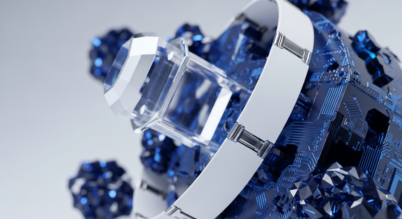 A central, clear, multi-faceted geometric object is encircled by a segmented white band with metallic accents, all set against a backdrop of detailed blue circuitry and sharp blue crystalline formations. This arrangement visually interprets abstract concepts within the cryptocurrency and blockchain domain