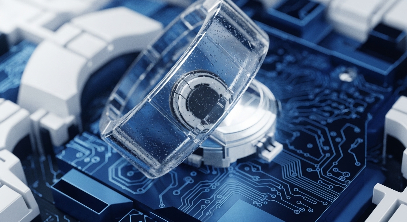 A transparent wearable device, possibly a smart band, rests atop a complex blue circuit board. The intricate pathways of the PCB suggest advanced technological integration, mirroring the distributed ledger technology inherent in blockchain. This visual juxtaposition highlights the potential for secure, tokenized ecosystems and the intricate architecture of decentralized finance DeFi protocols, where hardware interfaces with cryptographic security for verifiable transactions and digital asset management.