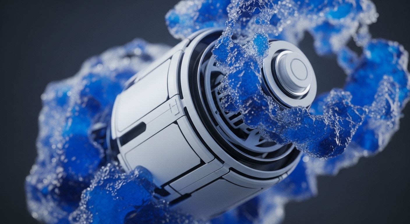 A detailed view showcases a sleek, white cylindrical object, akin to a hardware component or a specialized crypto asset storage unit, suspended within a vibrant, translucent blue fluid. The fluid exhibits energetic movement, forming abstract patterns around the object, symbolizing the dynamic and complex processes inherent in blockchain technology
