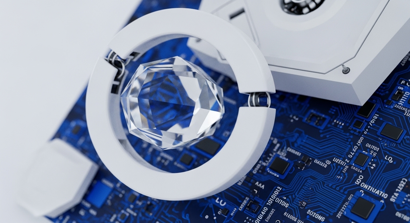 A brilliant cut diamond is encased by a white circular frame, positioned atop a detailed blue circuit board. This arrangement visually articulates the fusion of tangible value, like a diamond, with the abstract yet foundational elements of blockchain technology