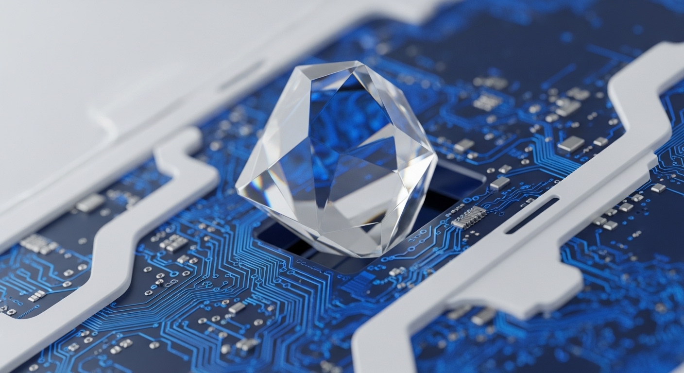 A brilliant, multi-faceted diamond-like object rests centrally on a vibrant blue printed circuit board. The board is detailed with a network of thin, bright blue lines representing conductive traces and scattered silver components, evoking a sophisticated technological environment