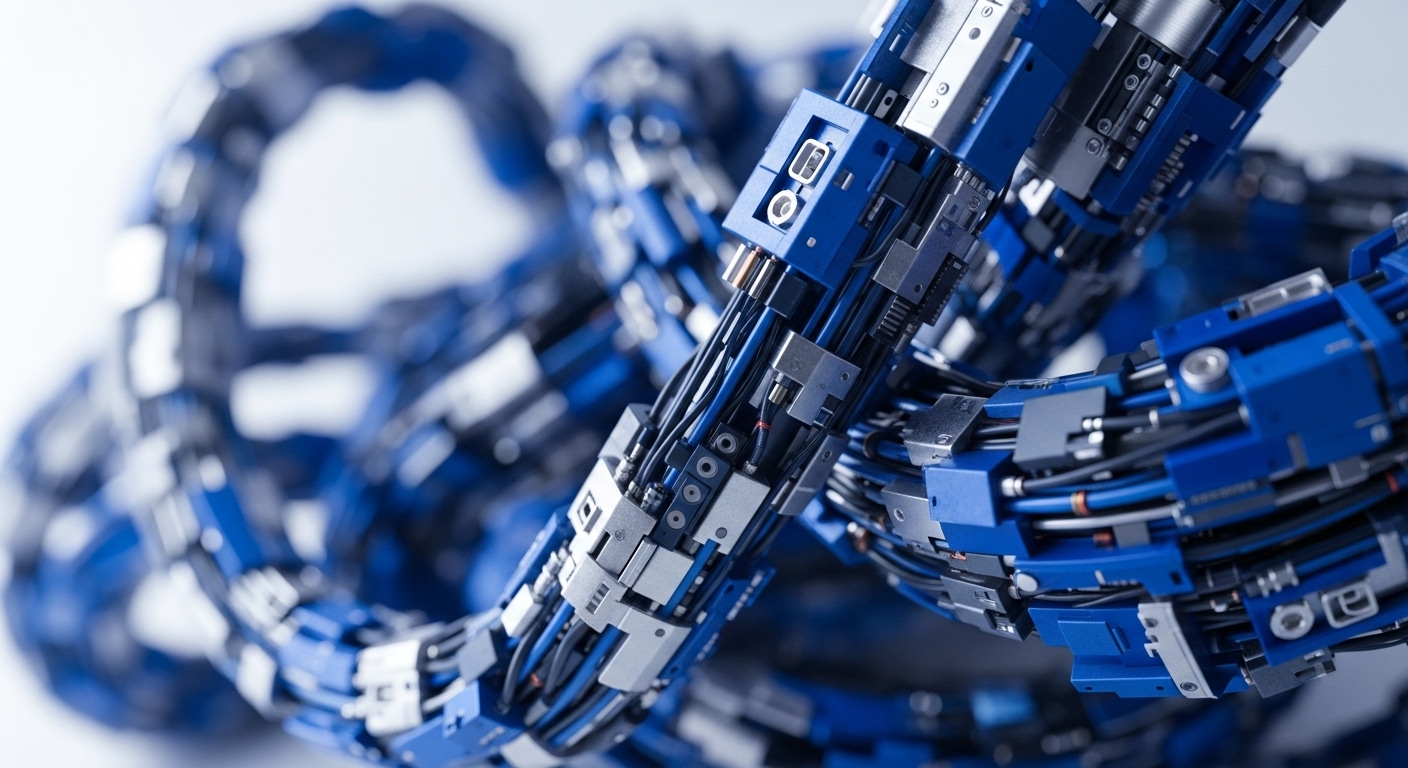 This image displays a highly detailed, abstract representation of interconnected technological components, predominantly in shades of blue and silver. The structure suggests a complex system of data flow and connectivity, reminiscent of advanced networking or robotic articulation