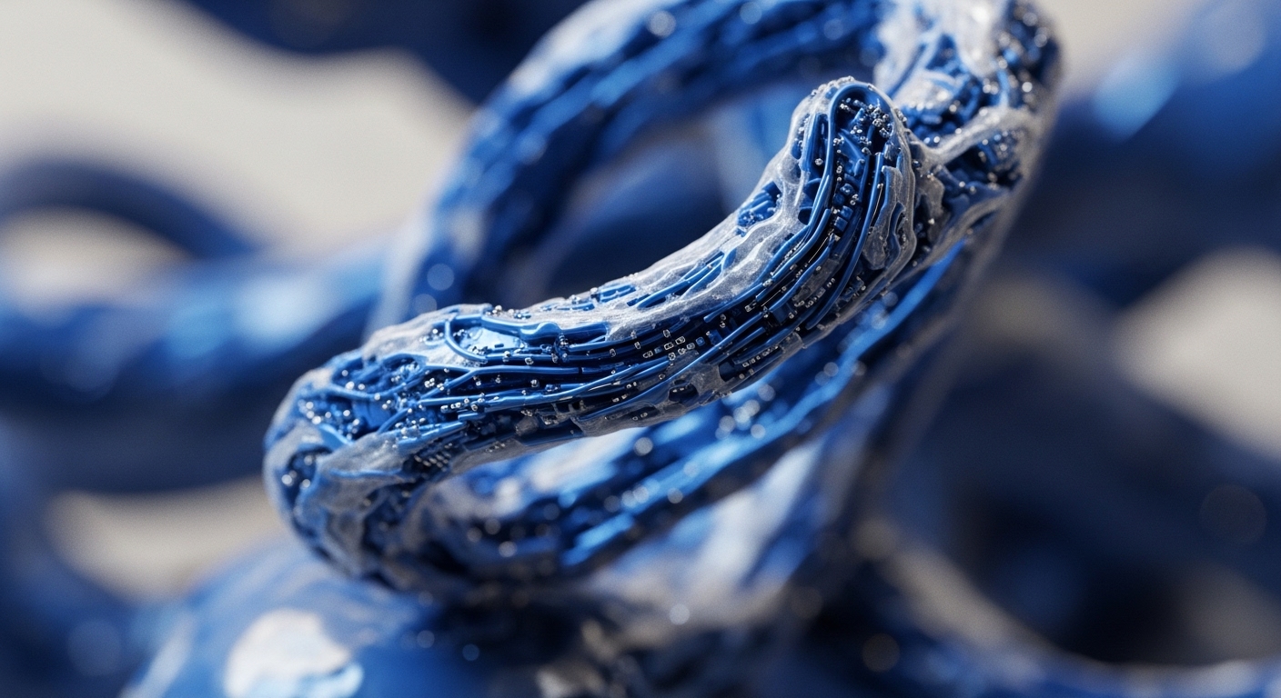 A close-up view showcases a luminous blue, intricately layered structure with a translucent, frosted outer layer. The inner core reveals a dense network of fine blue threads and minuscule silver nodes, resembling a microscopic view of a complex circuit board or a biological neural network