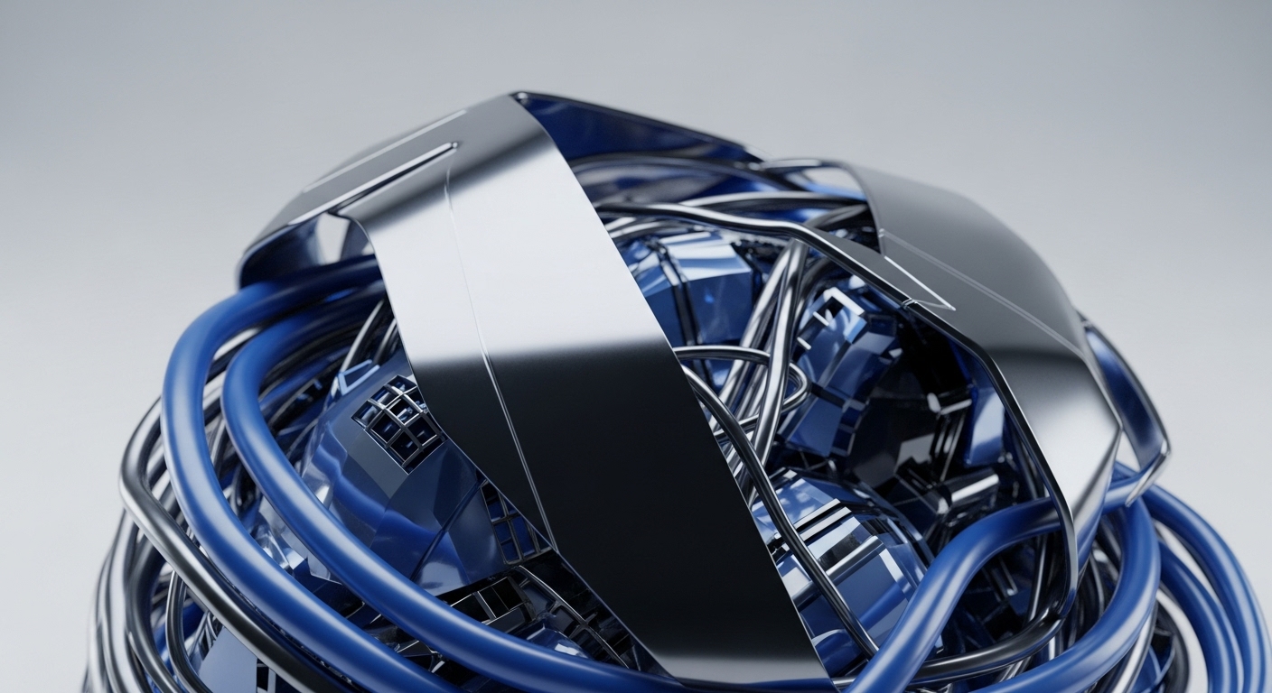 The image displays a dense, spherical arrangement of metallic and blue conduits, creating a sense of intricate digital architecture. This abstract representation powerfully visualizes the underlying mechanisms of cryptocurrency ecosystems, emphasizing the complex interplay of nodes and data flows in a distributed ledger