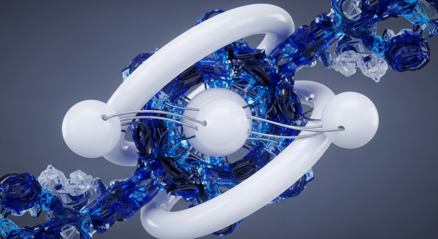A dynamic arrangement of interlocking white torus shapes and spherical nodes, connected by fine metallic filaments, is embedded within a fragmented, crystalline matrix of deep blues and clear ice. This abstract composition visually articulates the fundamental principles of blockchain technology and cryptocurrency networks