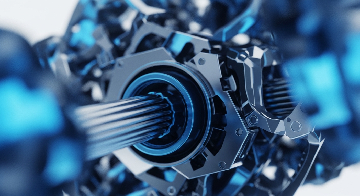 The image showcases a detailed, abstract mechanical assembly characterized by metallic textures and vibrant blue light. This intricate design symbolizes the underlying architecture of decentralized systems and the complex processes involved in blockchain operations