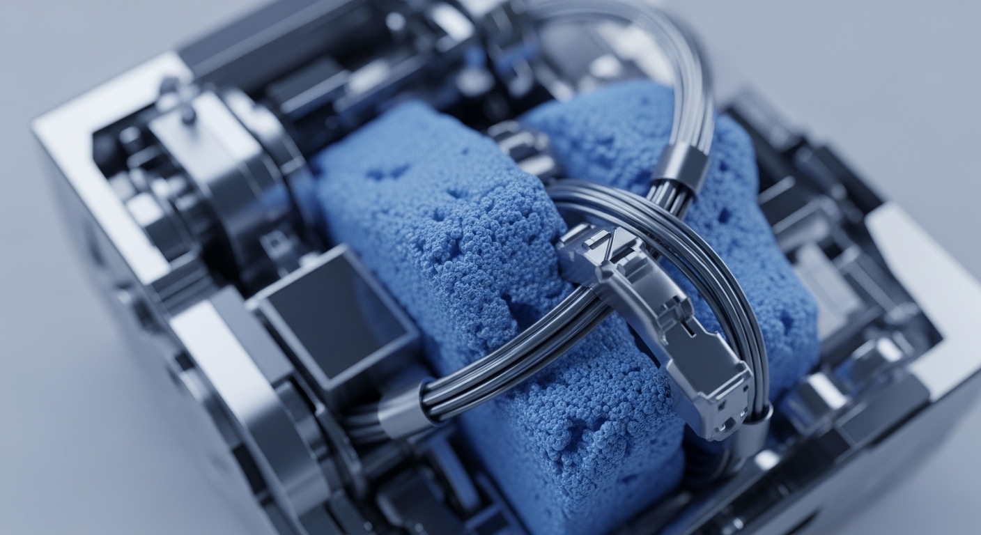 The image displays a highly detailed, metallic assembly housing two vibrant blue, porous structures. These elements are interconnected by a network of metallic tubes and sophisticated connectors, suggesting a functional system