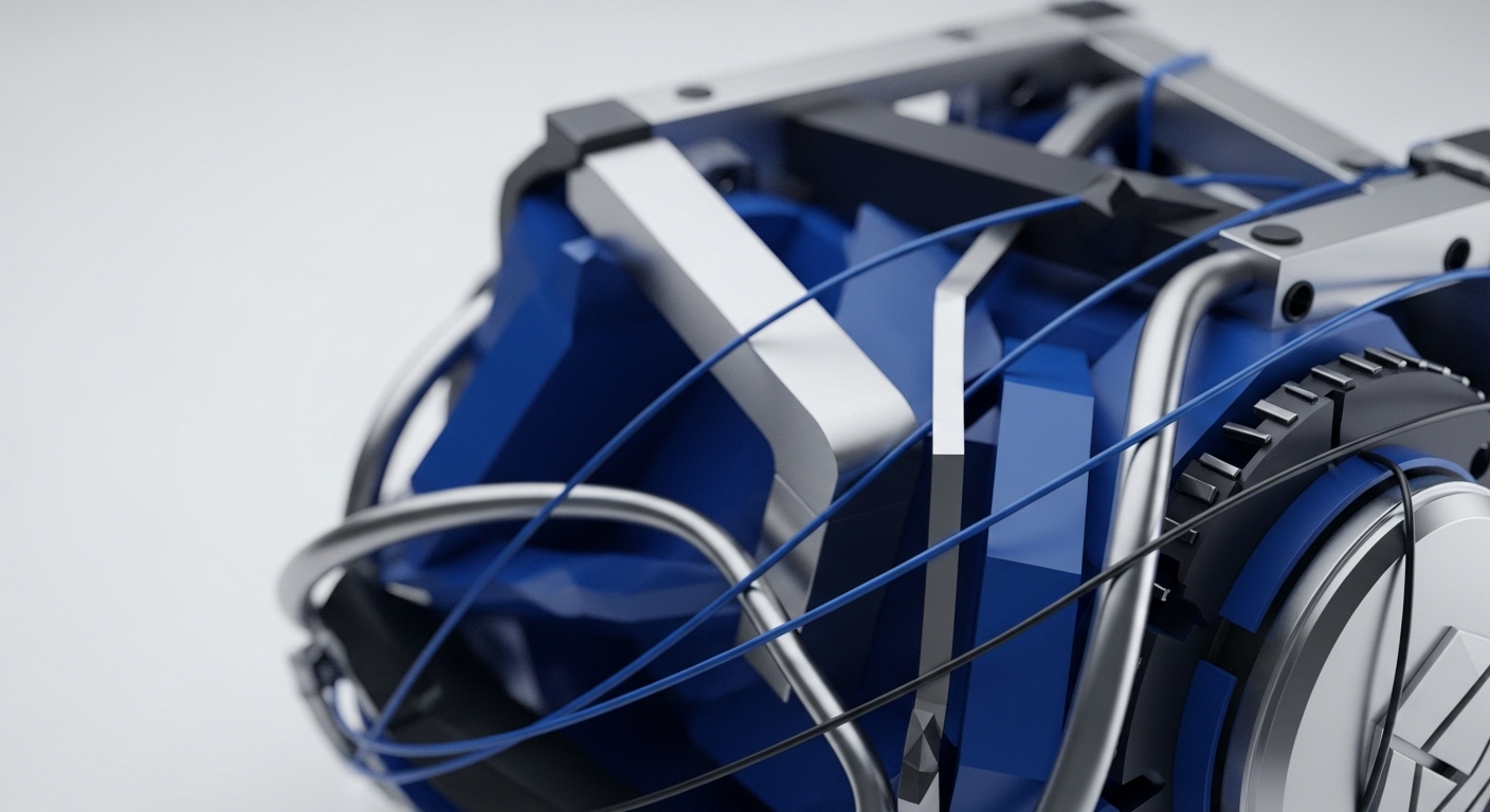 This abstract visualization features a dense arrangement of metallic and electric blue geometric elements, interconnected by thin wires and cylindrical conduits. The metallic framework, with its angular beams and bolted joints, evokes the structured nature of blockchain protocols