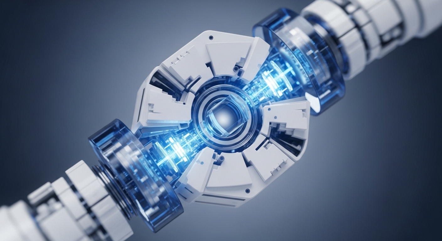 A central, hexagonal structure with intricate white mechanical components and glowing blue energy pathways symbolizes advanced blockchain interconnectivity. Transparent cylindrical elements connect to this core, suggesting secure data conduits and the seamless flow of information