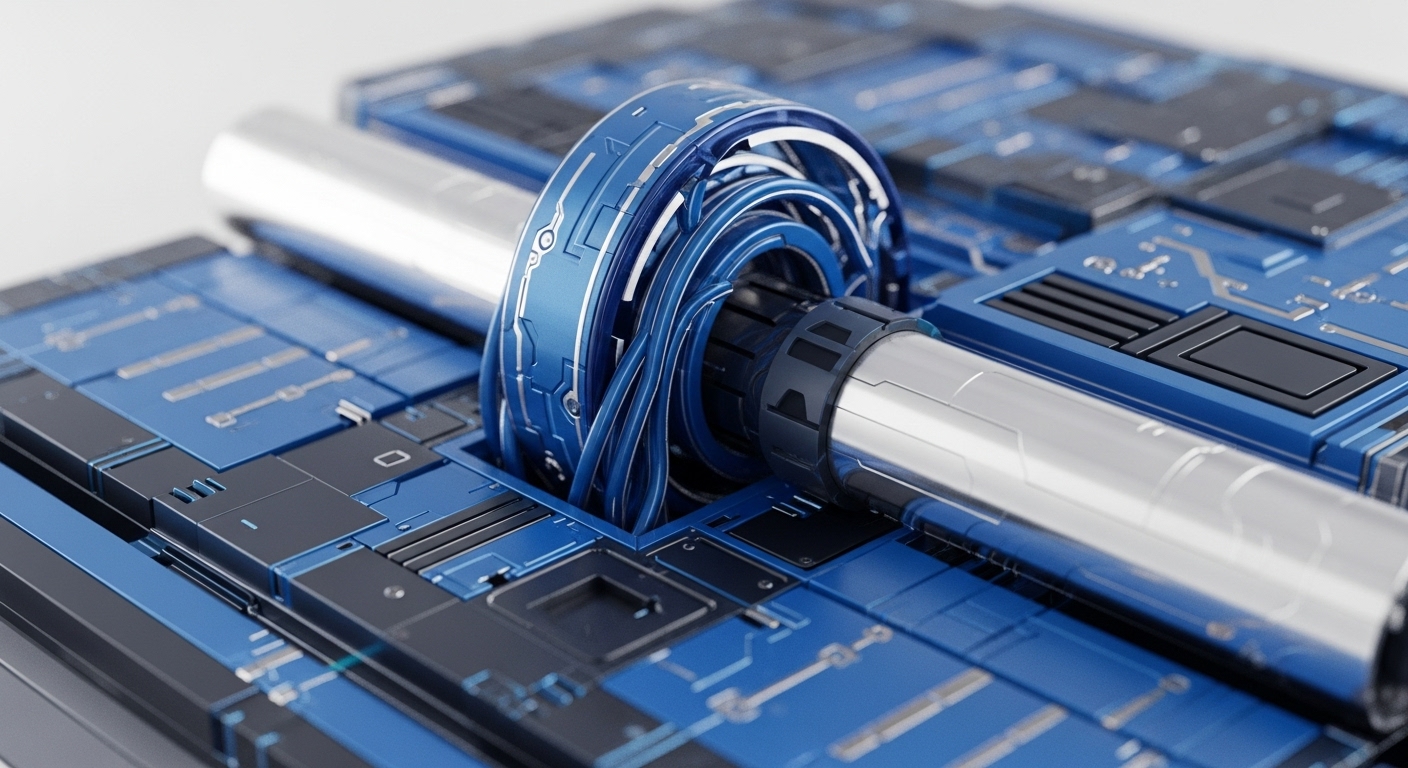 The image displays a detailed, high-tech metallic structure in shades of blue and silver, featuring interlocking components and bundled wiring. This visual metaphor speaks to the sophisticated engineering behind blockchain technology and cryptocurrency systems