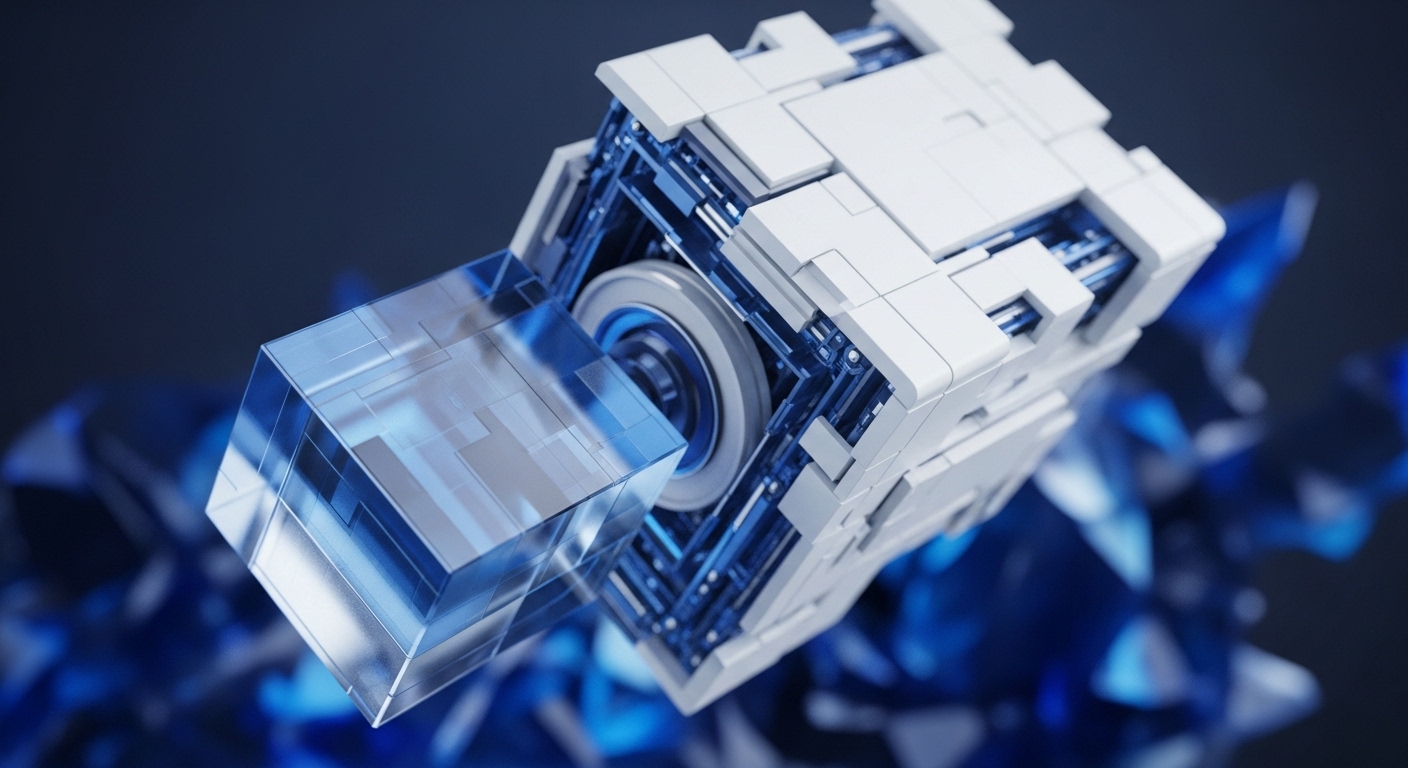 A luminous blue cube is integrated with a detailed, multi-faceted white and blue technological construct, exposing a central circular component surrounded by fine blue wiring. This abstract representation embodies the convergence of cryptographic principles and blockchain architecture, highlighting the sophisticated mechanisms behind digital asset transfer and network consensus