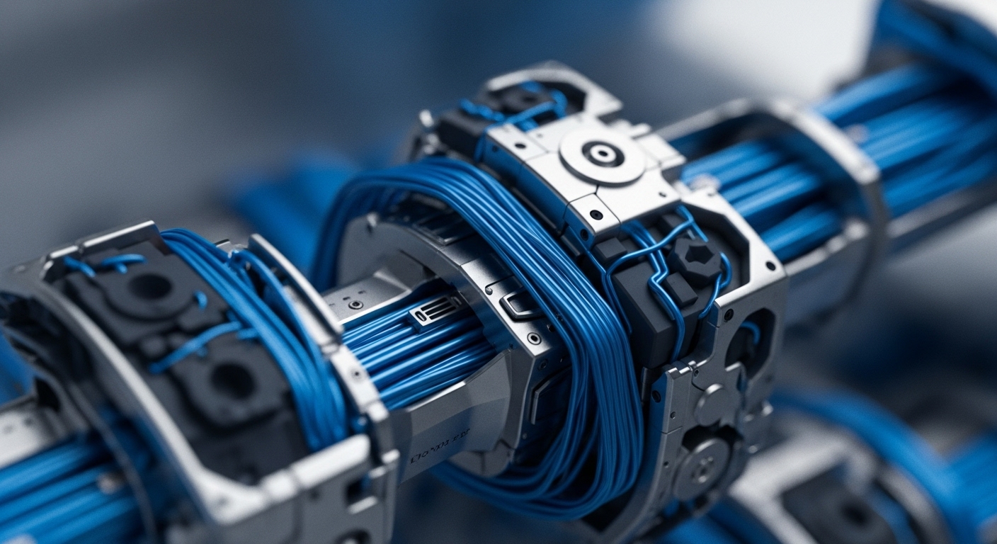A detailed, close-up perspective showcases an advanced technological apparatus, characterized by multiple strands of vibrant blue wiring meticulously organized and integrated within a series of polished metallic housings. The wires pass through structured channels and are secured by dark, robust connectors, highlighting precision engineering