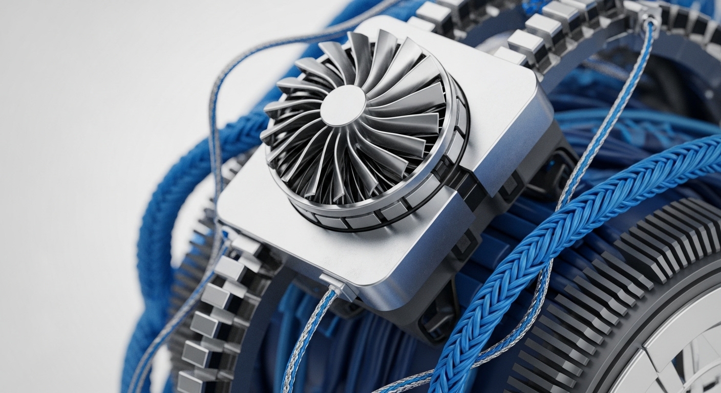 A close-up view reveals a sophisticated cooling fan mechanism mounted on a metallic housing, surrounded by intricately braided blue conduits and segmented metallic structures. This visual metaphor represents the core infrastructure of blockchain technology, highlighting the computational power and secure data pathways essential for cryptocurrency operations