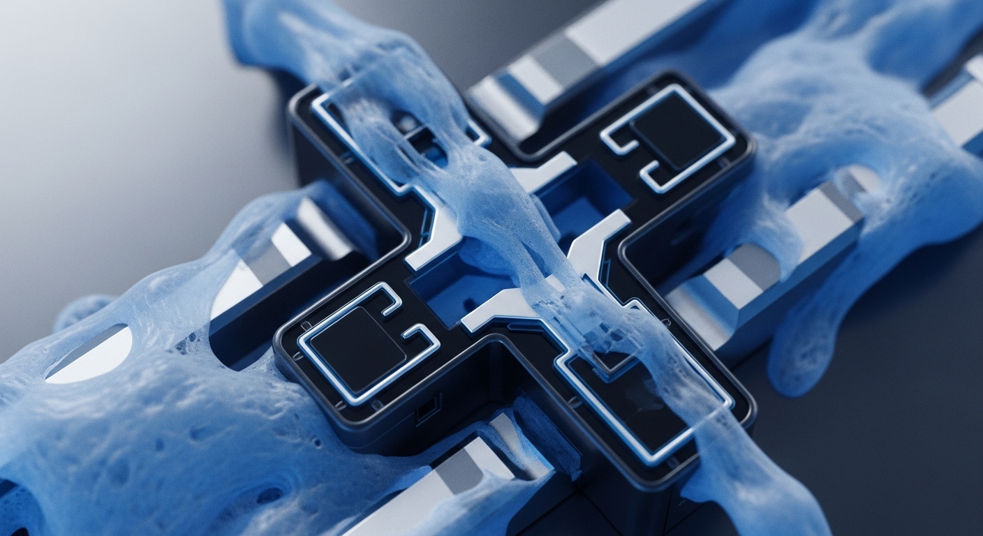 The image showcases a dark, metallic "X" structure with bright silver accents and internal blue illumination, surrounded by translucent blue tendrils. These ethereal blue tendrils organically flow around and through the central "X" symbol, visually representing the dynamic transfer of digital assets or oracle data within a sophisticated blockchain architecture