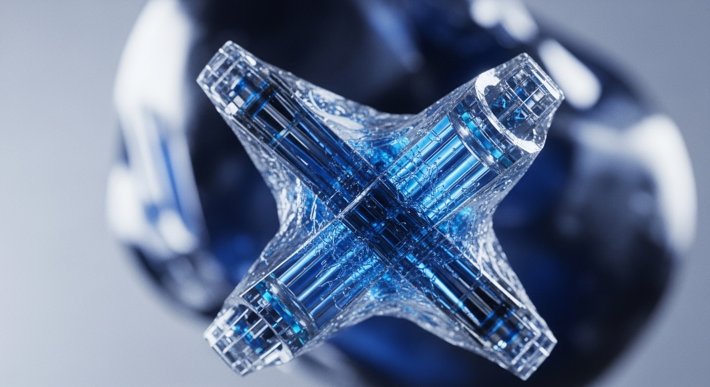 A visually striking, transparent X-shaped crystalline structure is centered, housing glowing blue internal channels. The exterior exhibits a textured, almost frozen surface, contrasting with the fluid, luminous blue elements within, suggesting dynamic energy flow