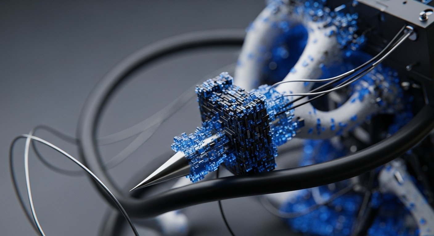 A metallic, pointed instrument extends from a dense, block-like assembly of dark and luminous blue digital components, connected by multiple thin wires to a darker, angular apparatus. A prominent black, tubular element frames the central configuration, with an abstract, light-colored background structure speckled with blue fragments visible behind it